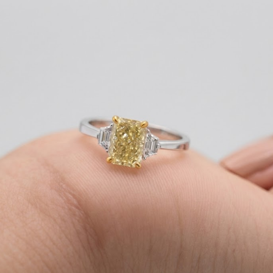 2.00tcw  (VS- Fancy Yellow) Lab-Grown Radiant Yellow Diamond Three-Stone Ring in Gold