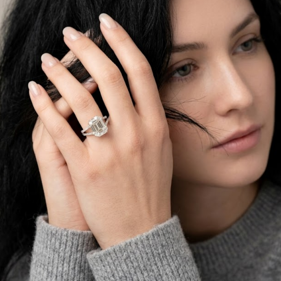 3 Ct. Baguette & Round Lab-Grown Diamond Halo Ring (VS- EF)