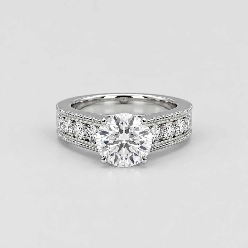 A silver-toned diamond ring with a large round-cut center stone and smaller diamonds set along the shoulders, shown on a light gray background.