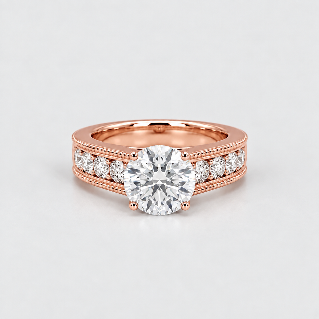 A rose gold engagement ring featuring a round-cut center stone and channel-set round diamonds on a clean, light gray background.