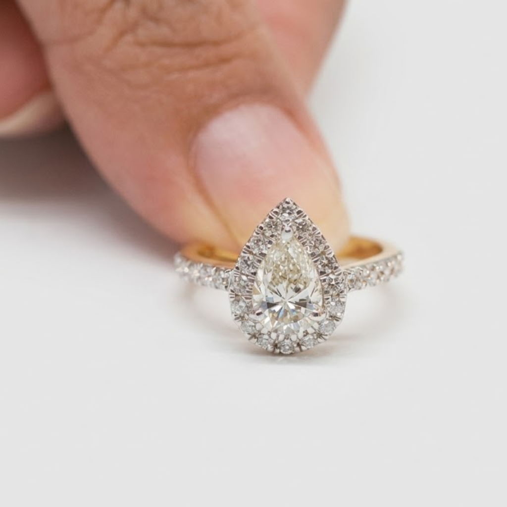 1.00tcw (VS- EF) Pear Halo Lab Grown Diamond Engagement Ring in Two Tone Gold