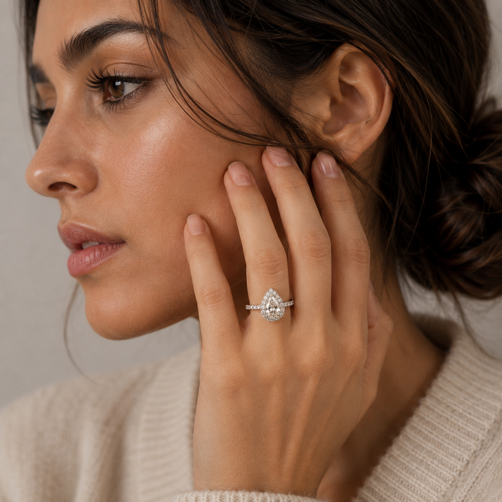 1 Ct. Pear Cut Halo Lab Grown Diamond Two Tone Ring  (VS- EF)