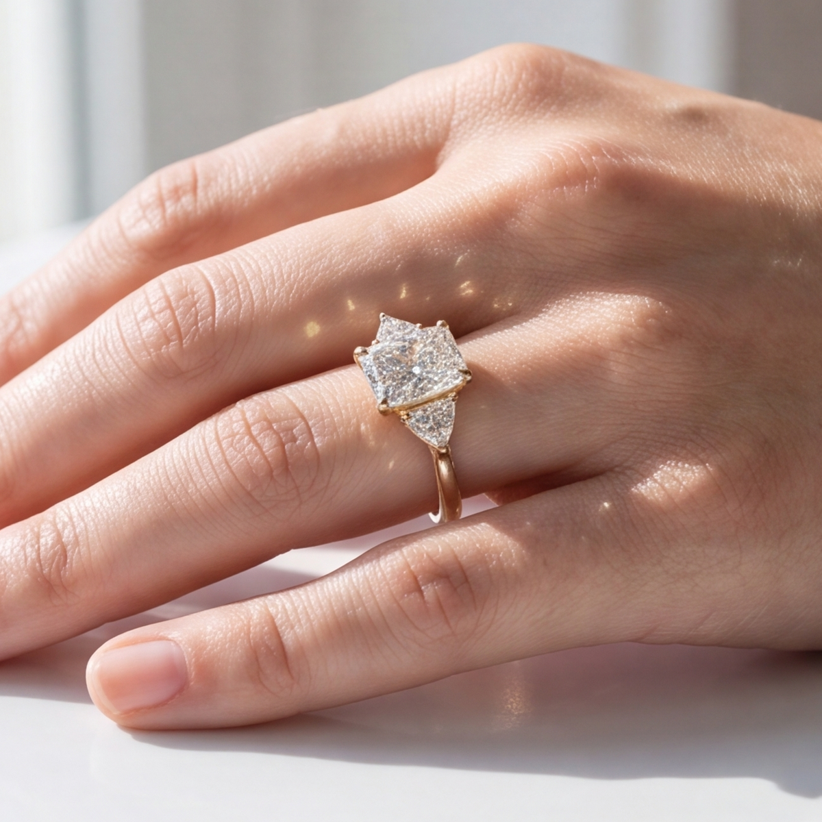 A close-up of a hand wearing a yellow gold ring with a large, multi-cut diamond setting. The ring is shown on the middle finger against a bright, softly lit background.