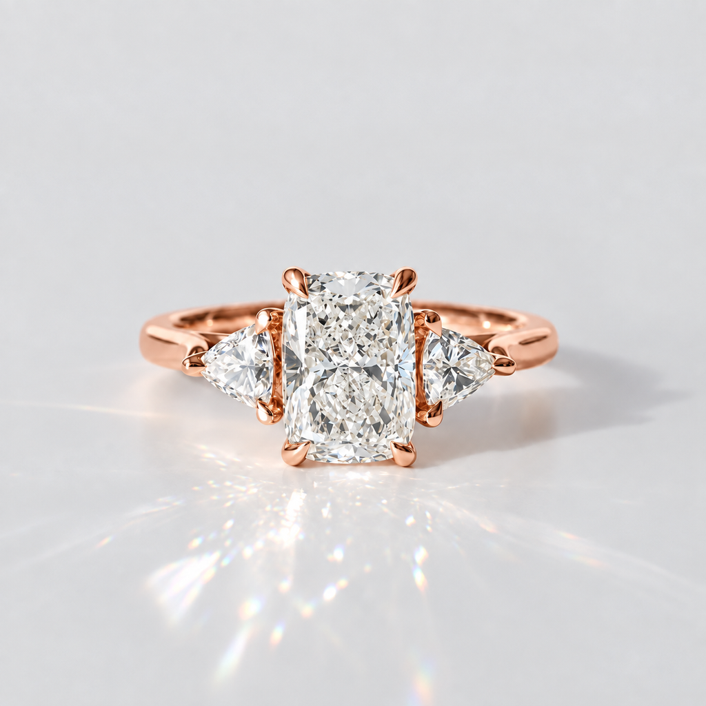 A rose gold ring featuring a large rectangular center diamond flanked by two smaller pear-cut diamonds, set against a clean white background with a soft reflection.