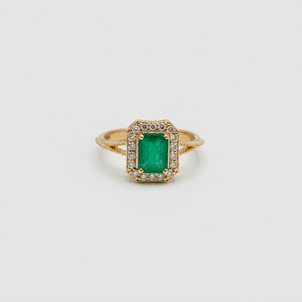 1 Ct. Emerald Cut Green Crystal Halo Statement Ring