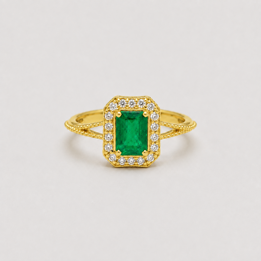 2 Ct. Emerald Cut Green Crystal Halo Statement Ring