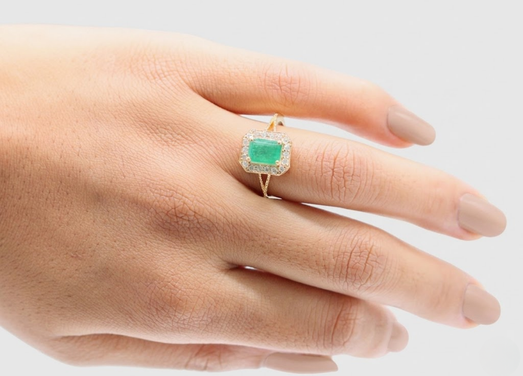 1 Ct. Emerald Cut Green Crystal Halo Statement Ring