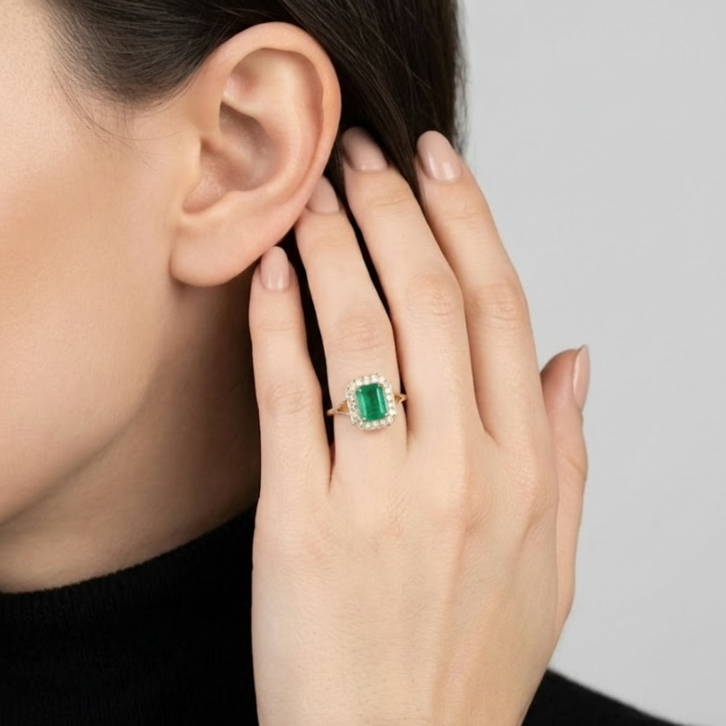 1 Ct. Emerald Cut Green Crystal Halo Statement Ring