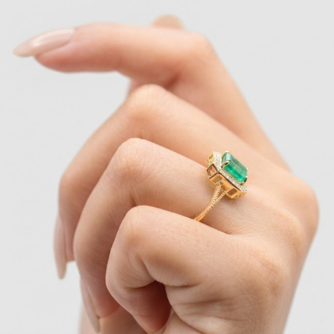 1 Ct. Emerald Cut Green Crystal Halo Statement Ring
