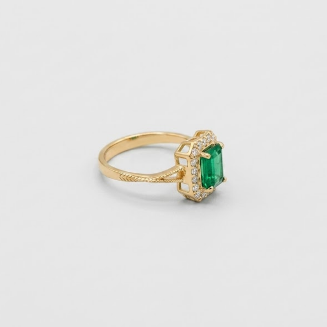 1 Ct. Emerald Cut Green Crystal Halo Statement Ring