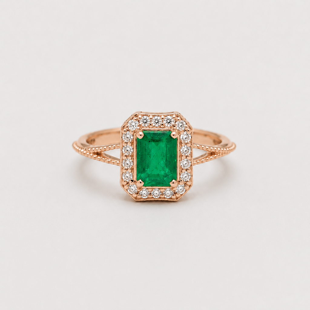 2 Ct. Emerald Cut Green Crystal Halo Statement Ring