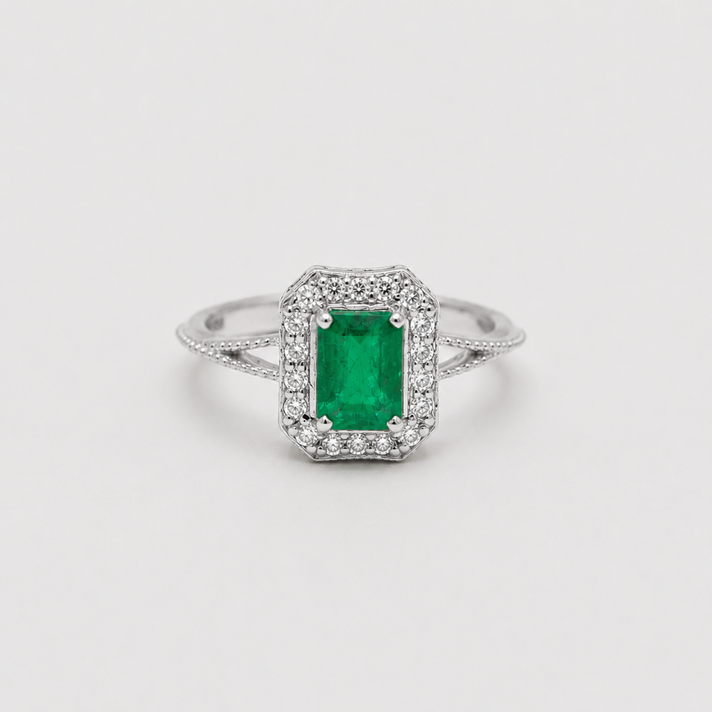 2 Ct. Emerald Cut Green Crystal Halo Statement Ring