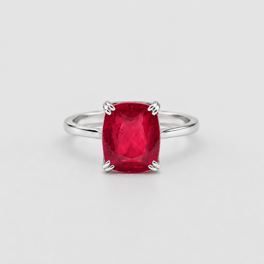 A silver ring featuring a cushion-cut, faceted red gemstone in a four-prong setting, photographed on a clean, light gray background.
