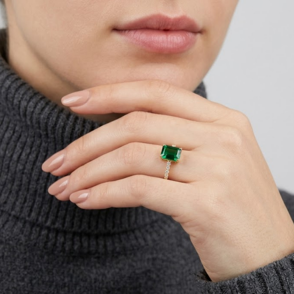 1 Ct. Emerald Cut Green Emerald Tone Solitaire Ring