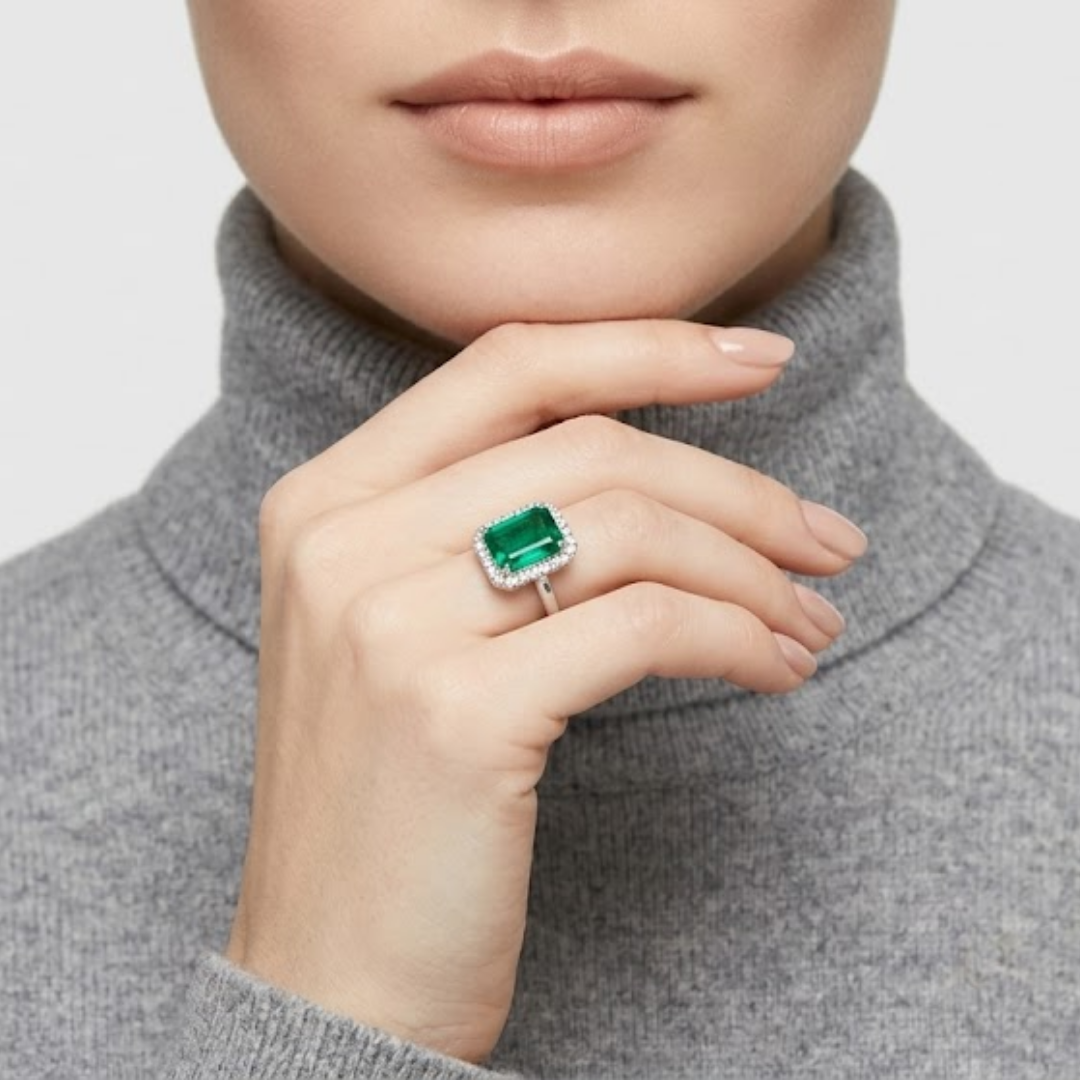 5 Ct. Large Emerald Cut Green Crystal Halo Ring