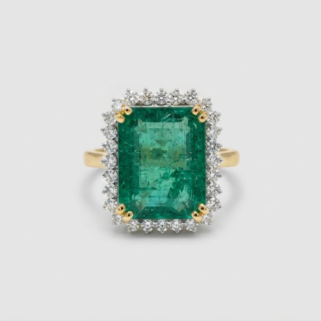 5 Ct. Large Emerald Cut Green Crystal Halo Ring