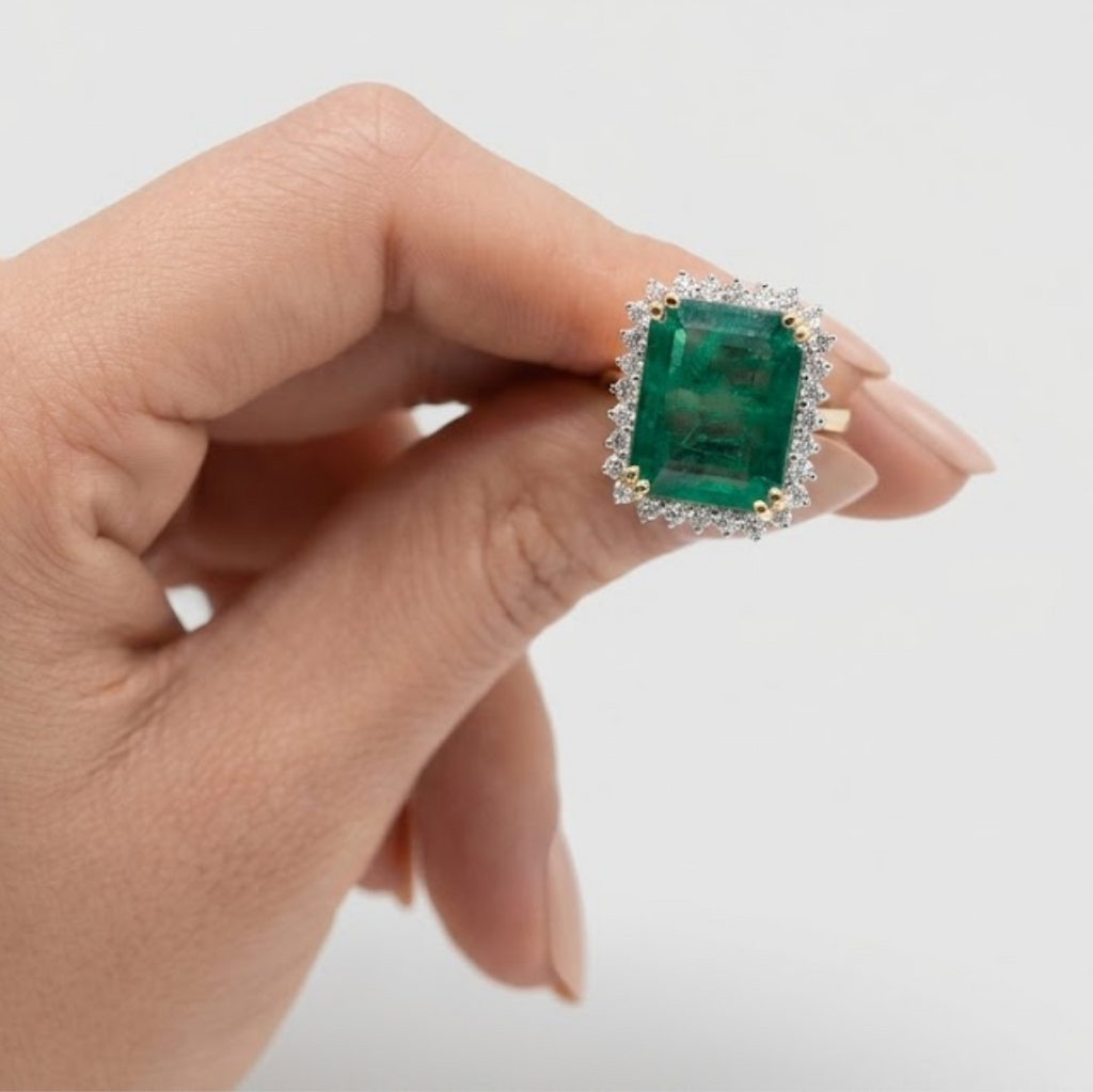 5 Ct. Large Emerald Cut Green Crystal Halo Ring