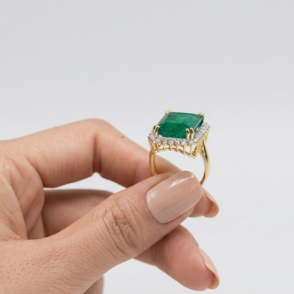 5 Ct. Large Emerald Cut Green Crystal Halo Ring