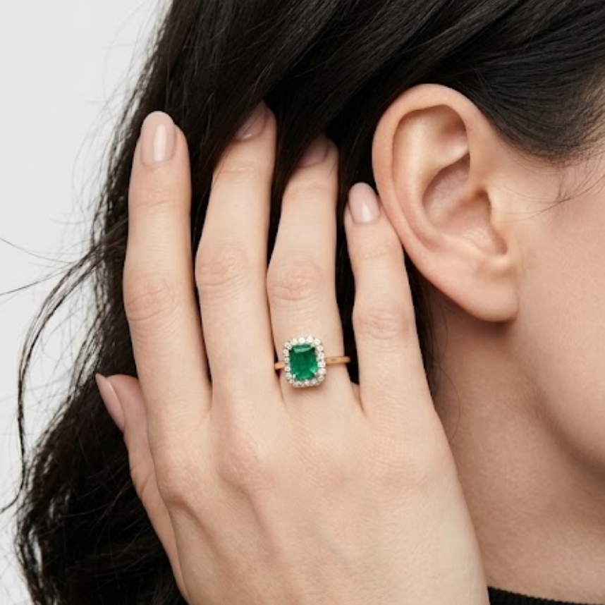 1.10 Ct. Emerald Cut Green Emerald Halo Engagement Ring
