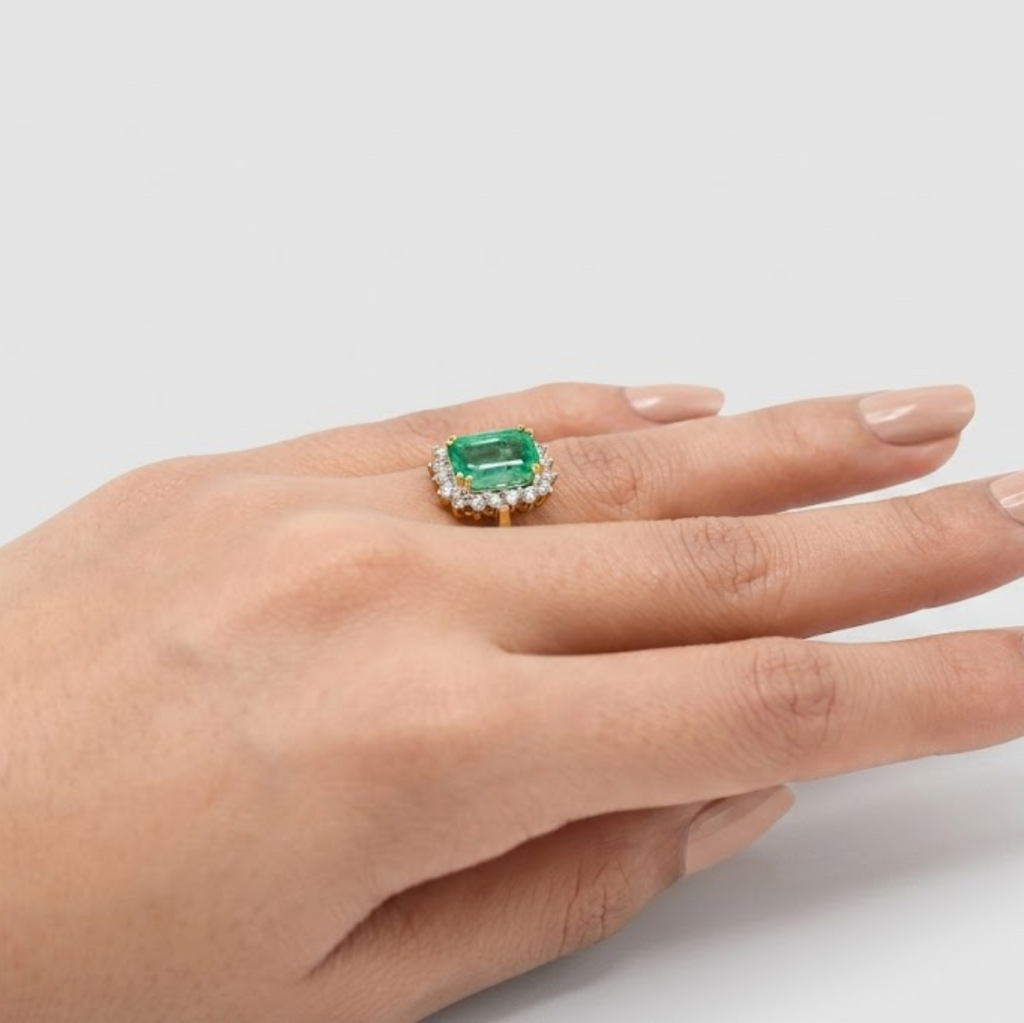 1.10 Ct. Emerald Cut Green Emerald Halo Engagement Ring
