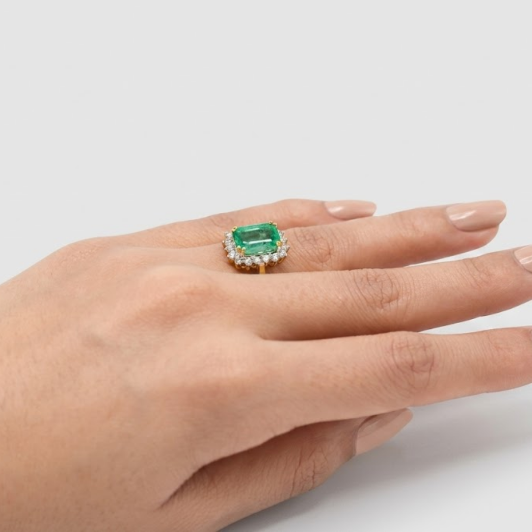 1.10 Ct. Emerald Cut Green Emerald Halo Engagement Ring