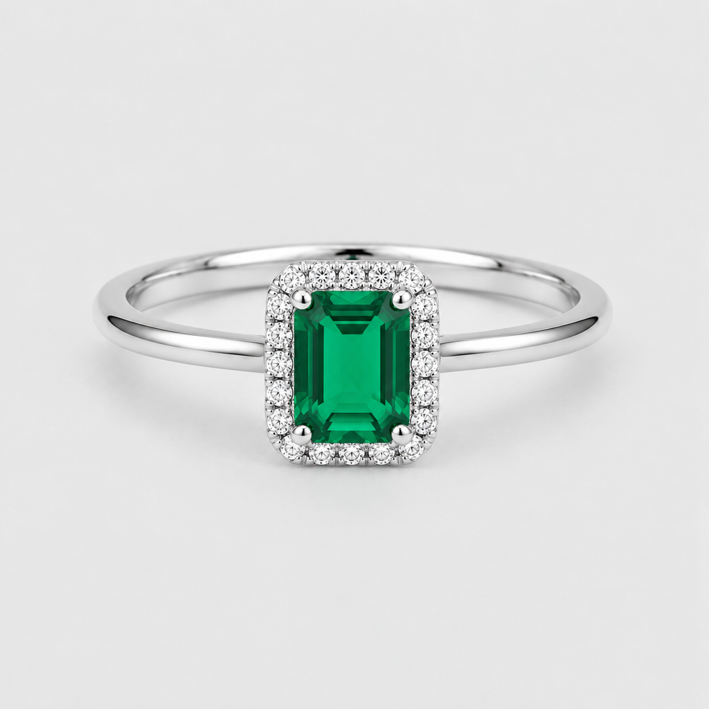 1.10 Ct. Emerald Cut Green Emerald Halo Engagement Ring