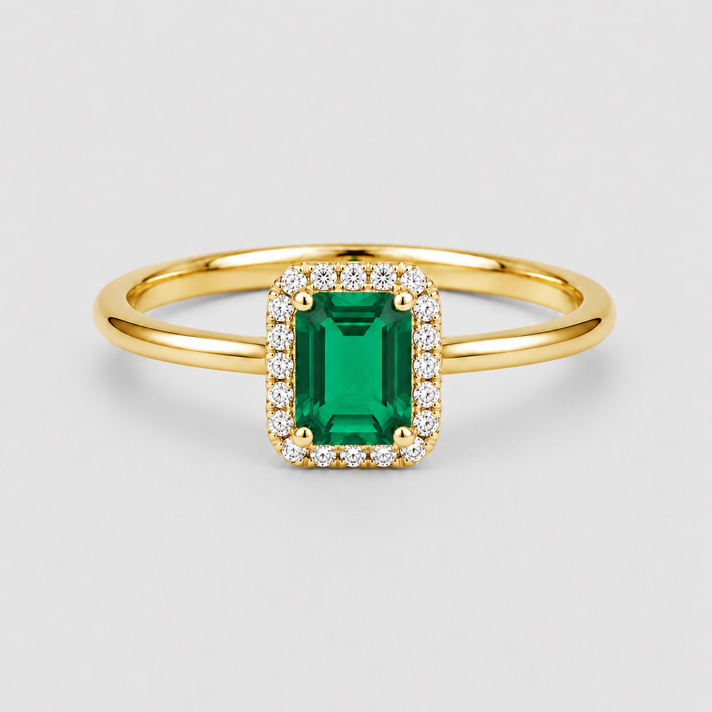 1.10 Ct. Emerald Cut Green Emerald Halo Engagement Ring
