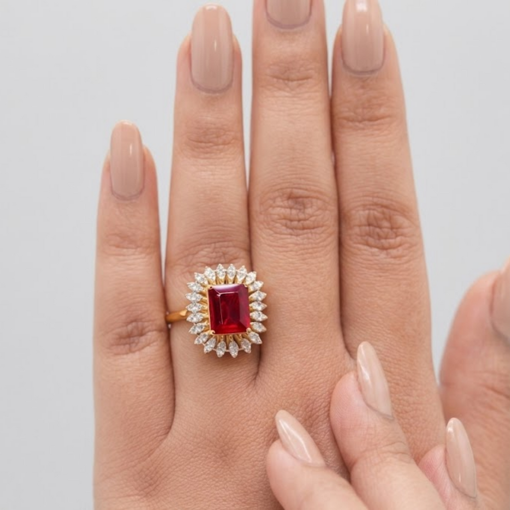 2 Ct. Emerald Cut Halo Ruby Gemstone Ring