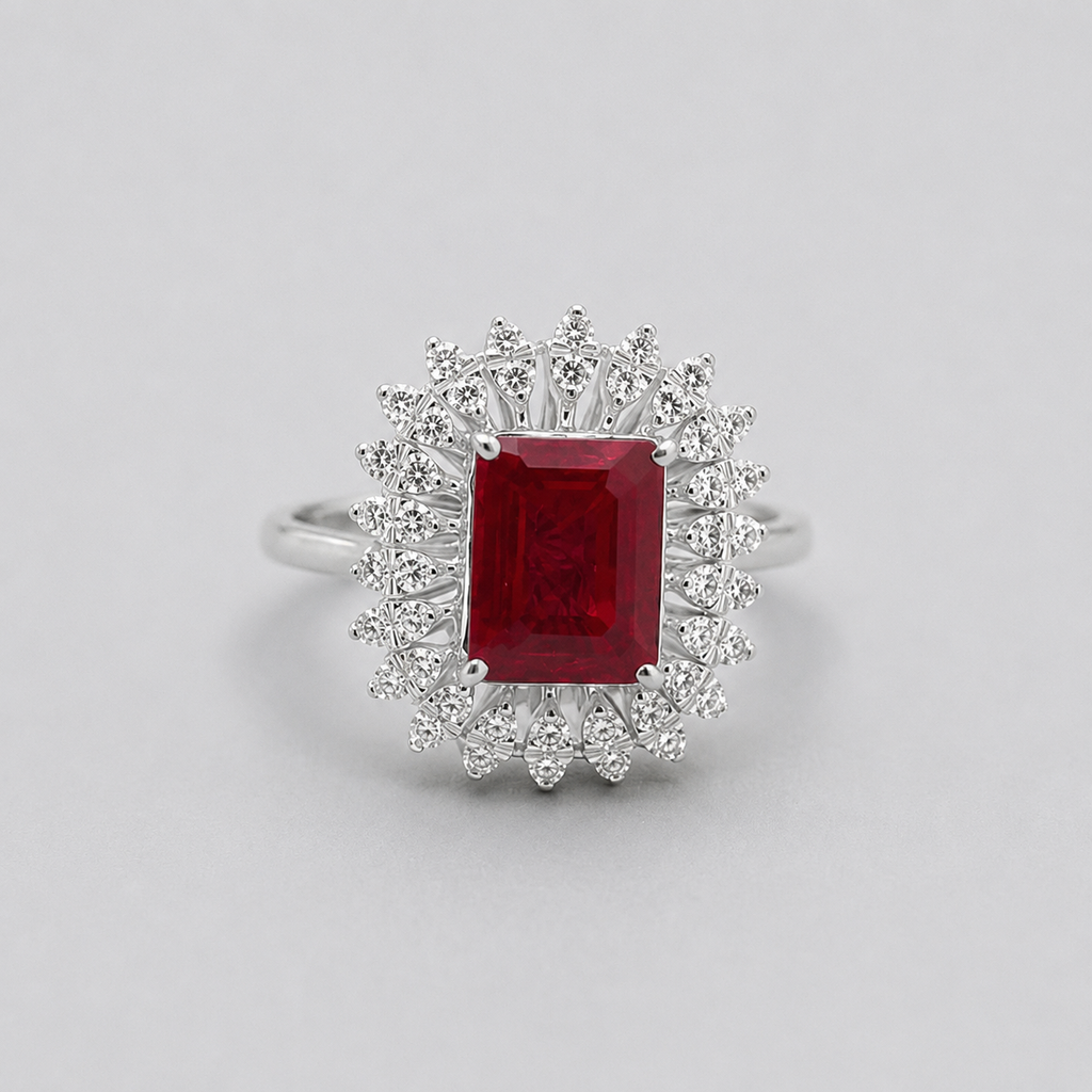 2 Ct. Emerald Cut Halo Ruby Gemstone Ring