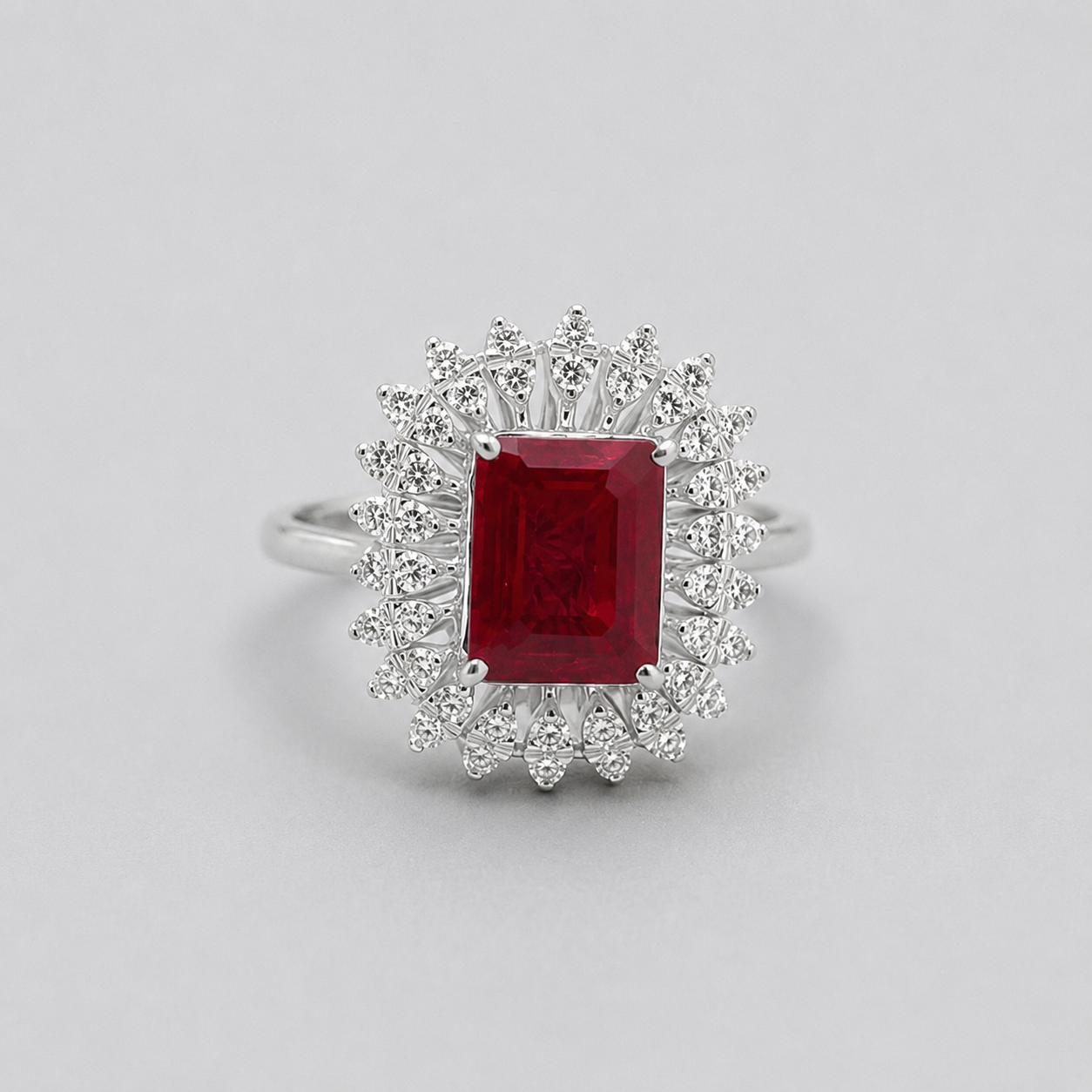 2 Ct. Emerald Cut Halo Ruby Gemstone Ring