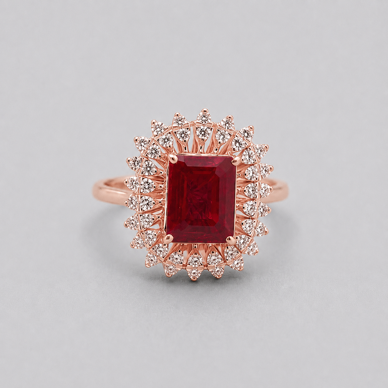 2 Ct. Emerald Cut Halo Ruby Gemstone Ring