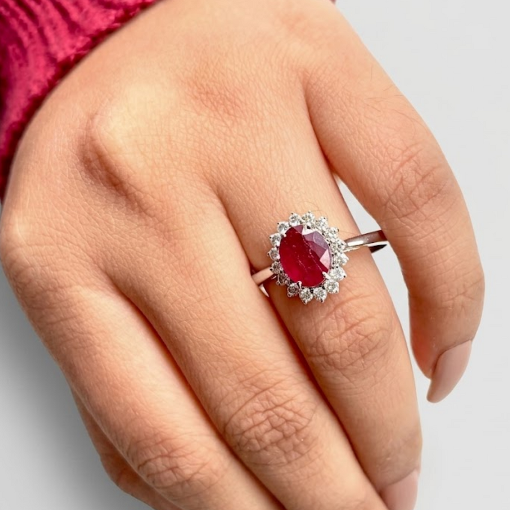 1 Ct. Oval Cut Red Ruby Tone Halo Engagement Ring