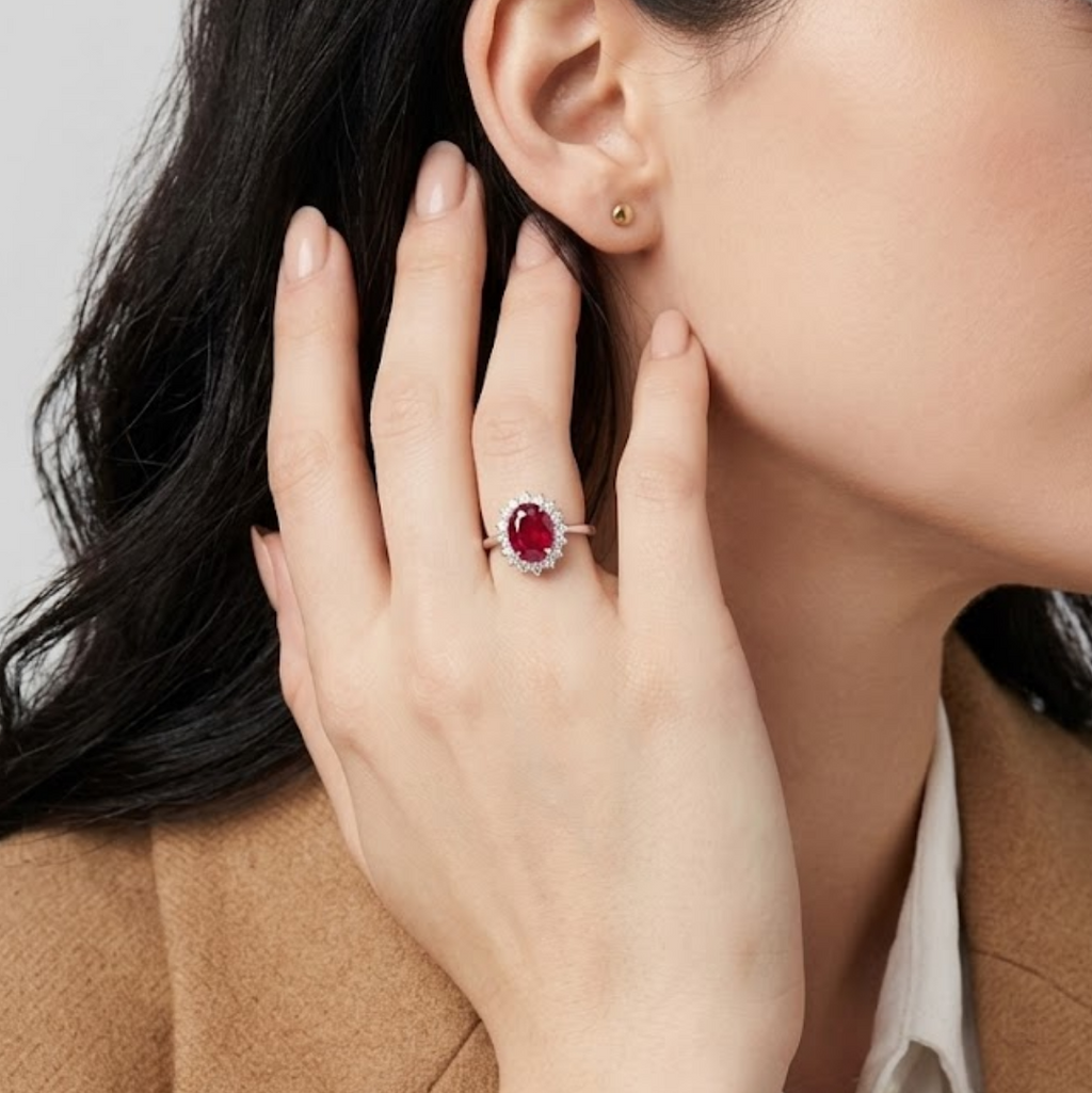 1 Ct. Oval Cut Red Ruby Tone Halo Engagement Ring