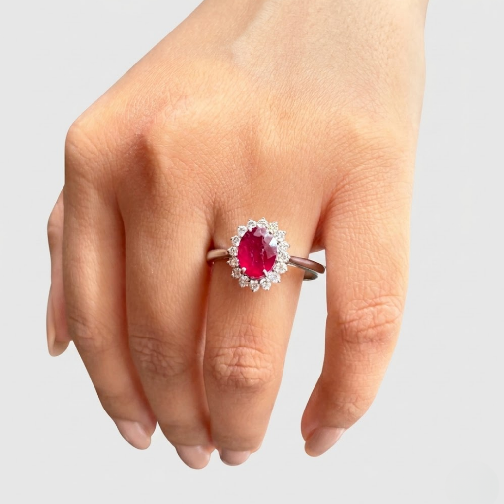 1 Ct. Oval Cut Red Ruby Tone Halo Engagement Ring