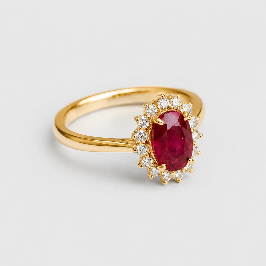 1 Ct. Oval Cut Red Ruby Tone Halo Engagement Ring