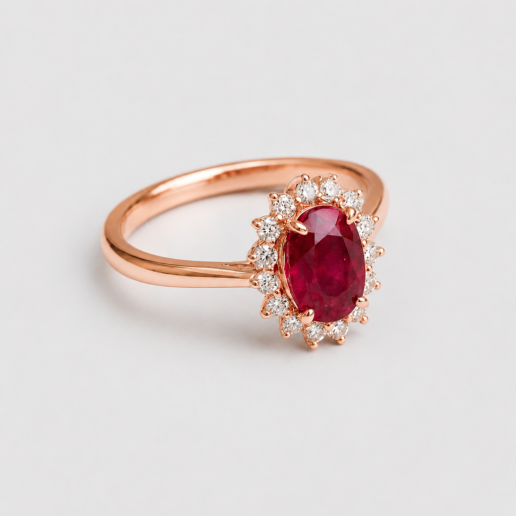 1 Ct. Oval Cut Red Ruby Tone Halo Engagement Ring