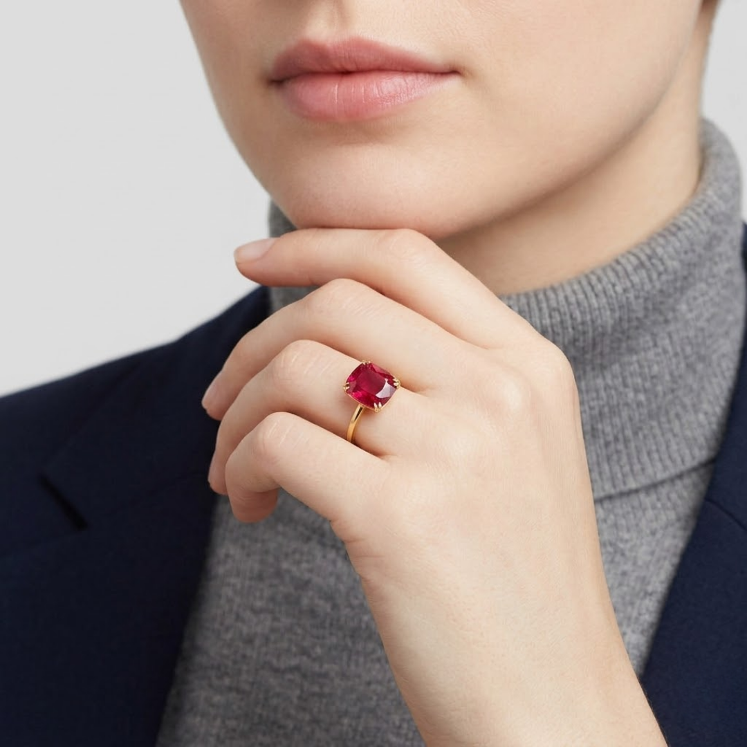 1 Ct. Cushion Cut Ruby Tone Solitaire Ring