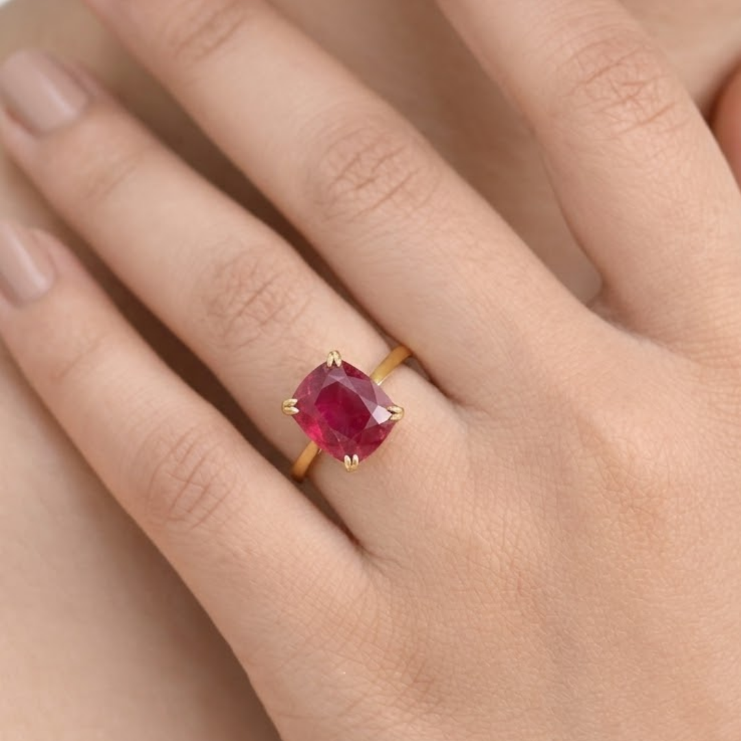 1 Ct. Cushion Cut Ruby Tone Solitaire Ring