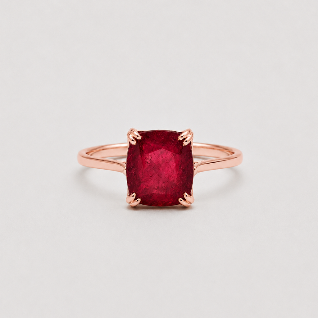 A cushion-cut red gemstone ring in a rose gold setting, photographed on a clean, light gray background.