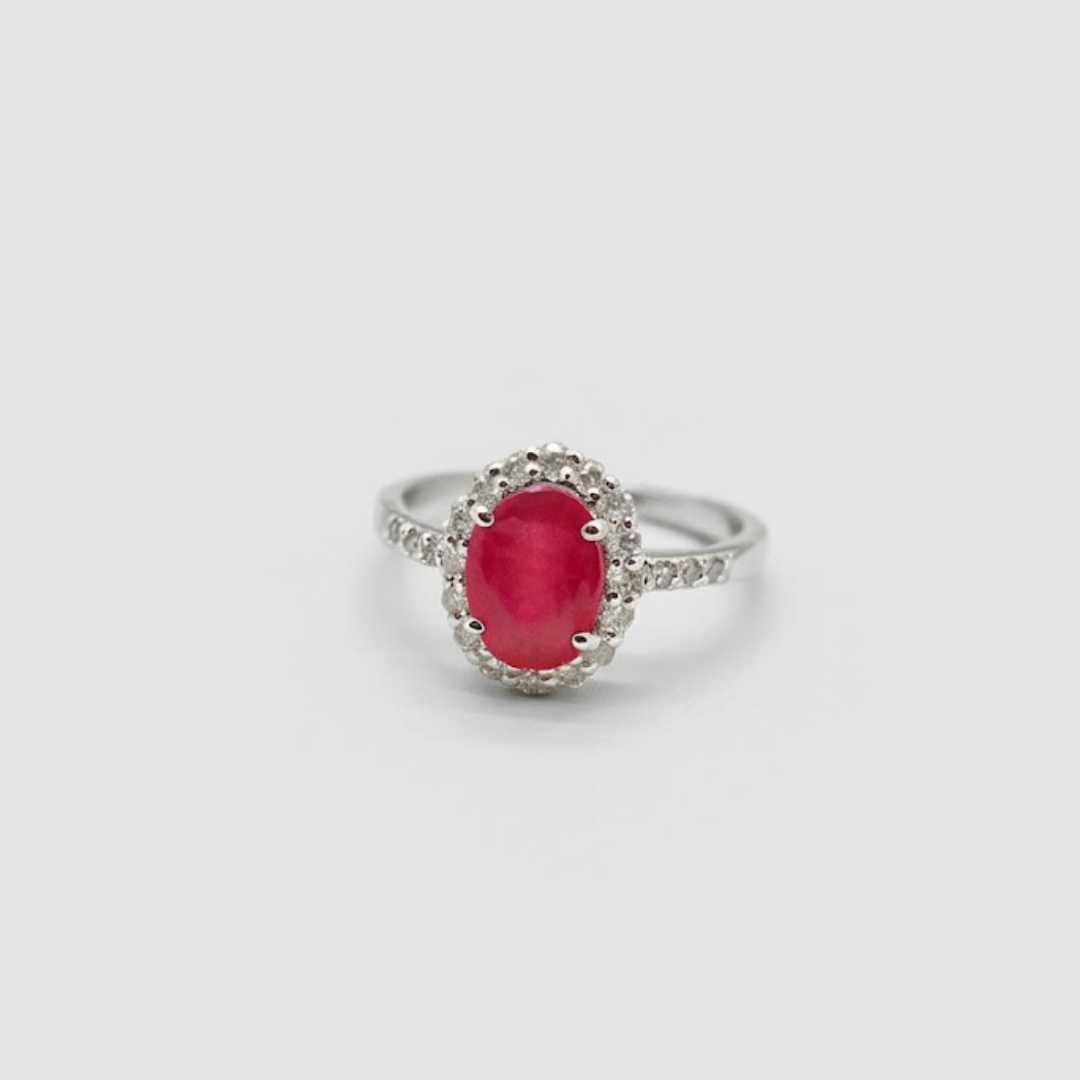 1 Ct. Oval Cut Ruby Tone Halo Ring with Lab-Grown Diamond Side Stones