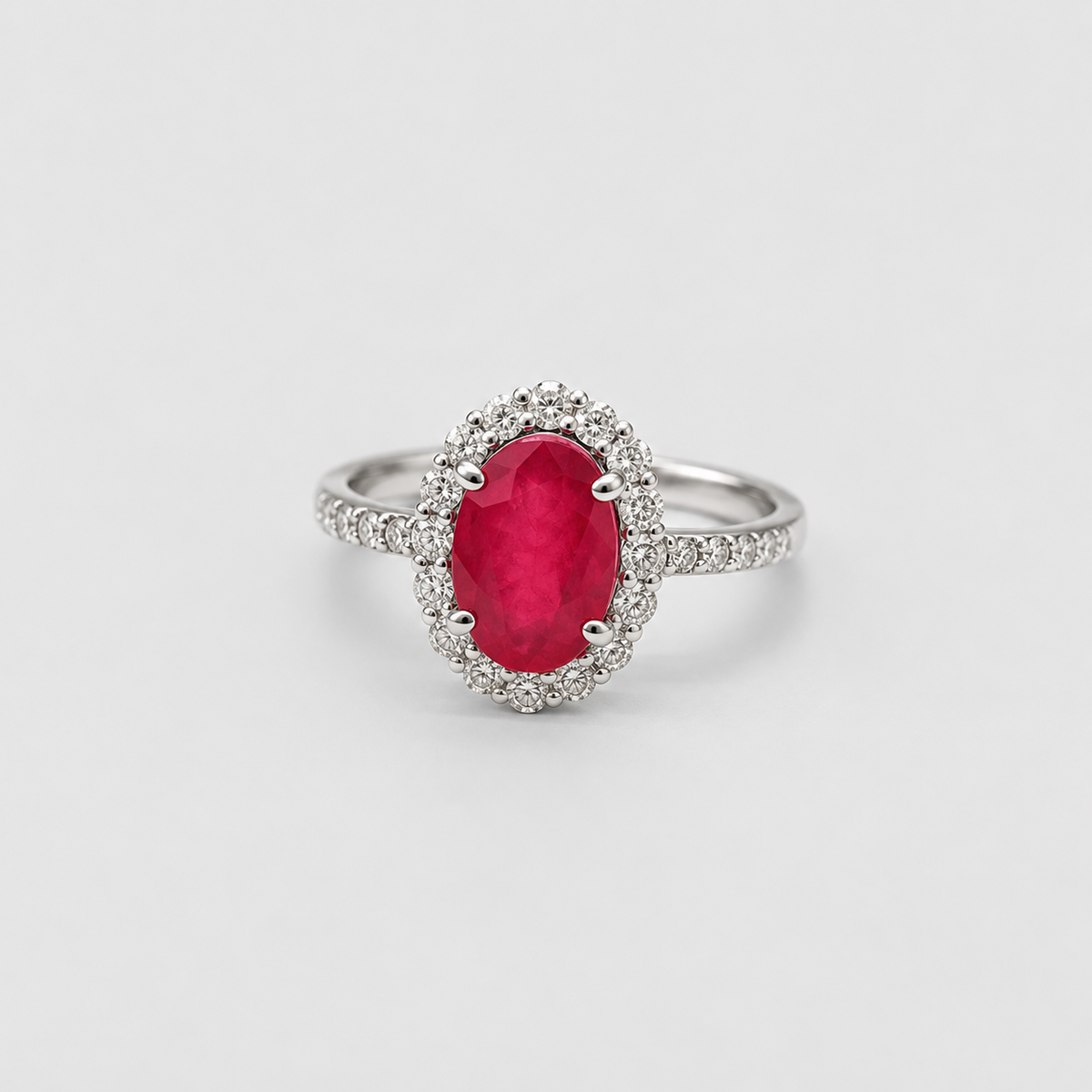 1.25 Ct. Oval Cut Ruby Tone Halo Ring with Lab-Grown Diamond Side Stones