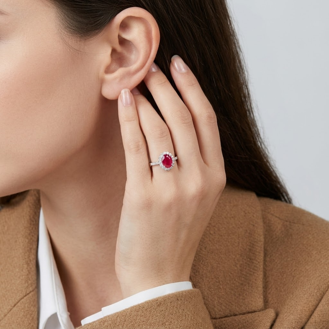 1 Ct. Oval Cut Ruby Tone Halo Ring with Lab-Grown Diamond Side Stones