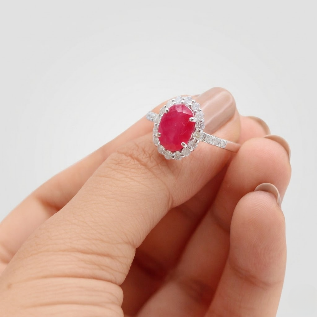 1 Ct. Oval Cut Ruby Tone Halo Ring with Lab-Grown Diamond Side Stones