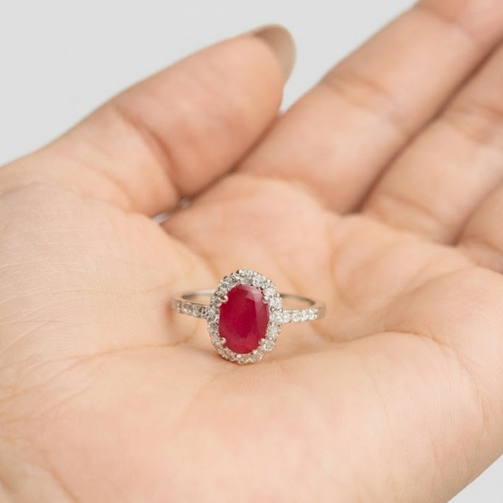 1 Ct. Oval Cut Ruby Tone Halo Ring with Lab-Grown Diamond Side Stones