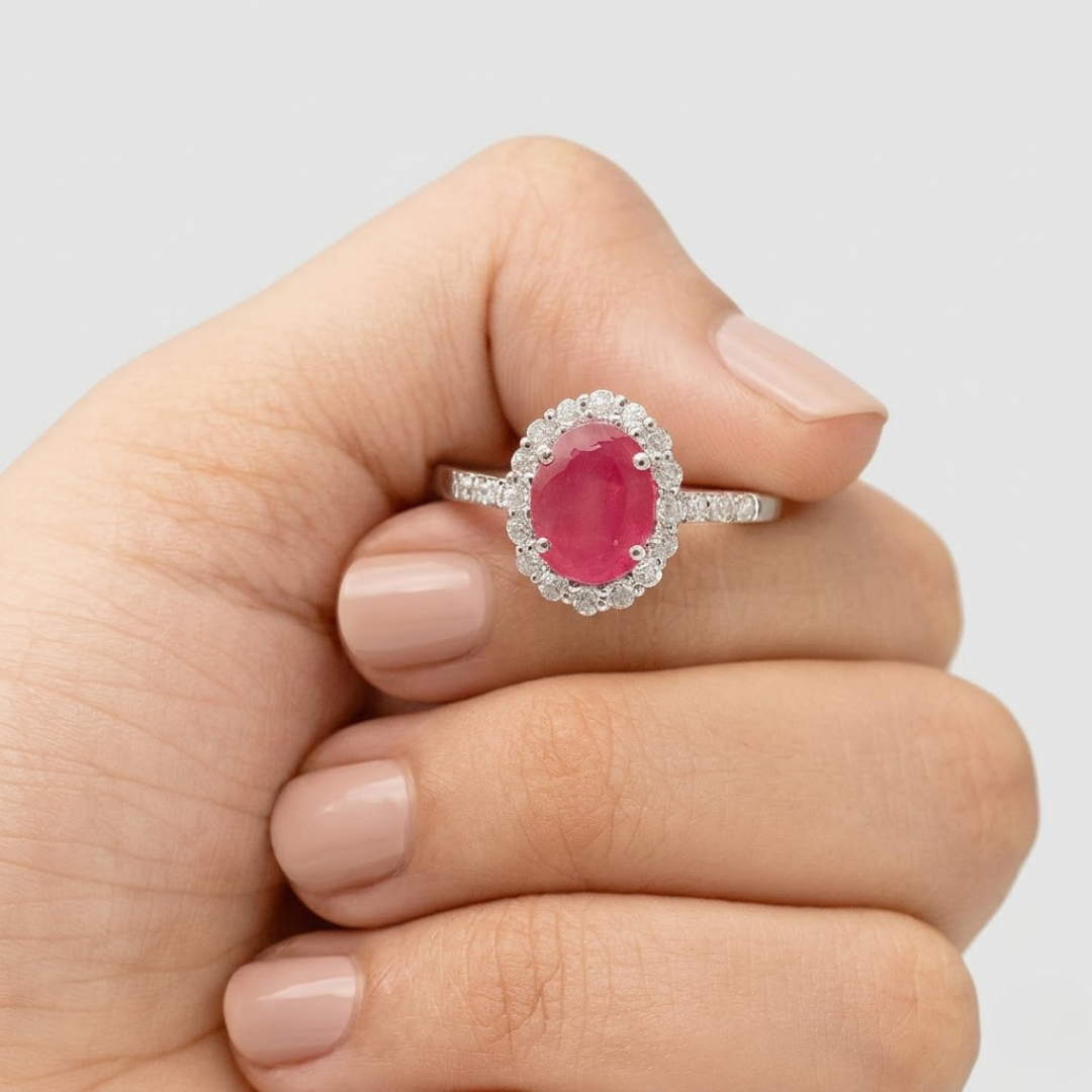 1 Ct. Oval Cut Ruby Tone Halo Ring with Lab-Grown Diamond Side Stones