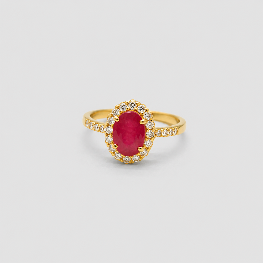 1 Ct. Oval Cut Ruby Tone Halo Ring with Lab-Grown Diamond Side Stones