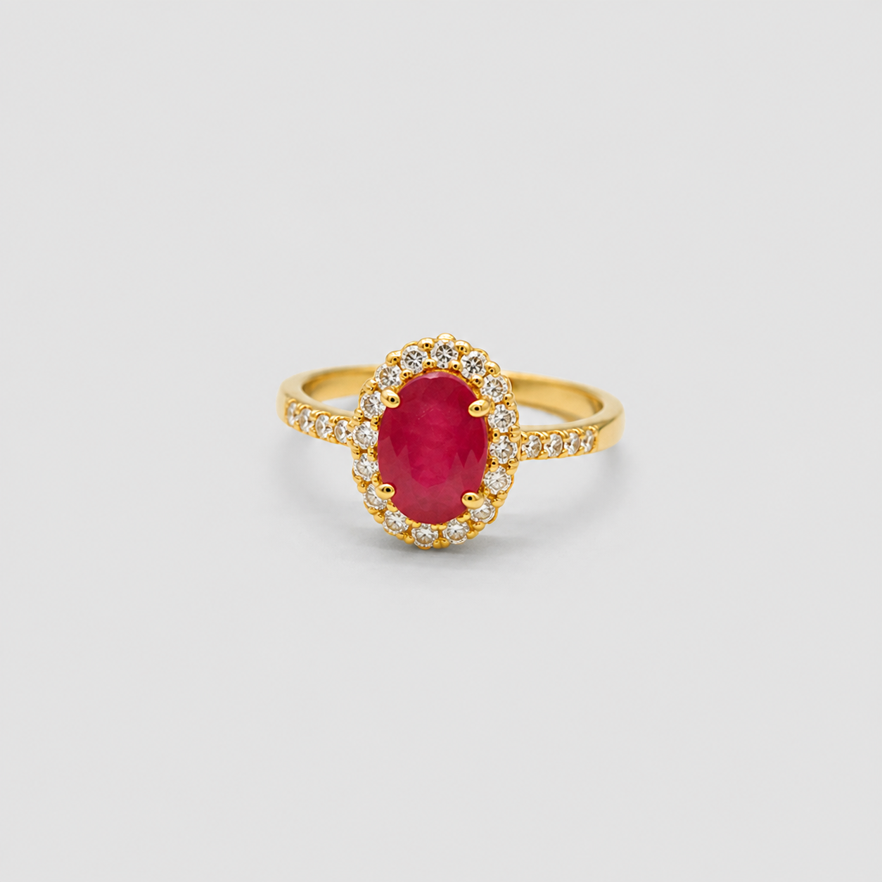 1 Ct. Oval Cut Ruby Tone Halo Ring with Lab-Grown Diamond Side Stones