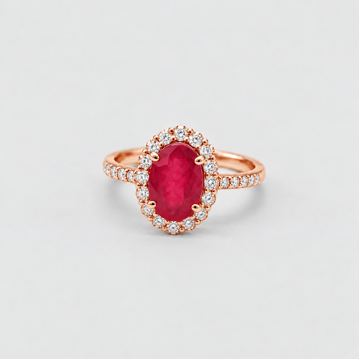 1.25 Ct. Oval Cut Ruby Tone Halo Ring with Lab-Grown Diamond Side Stones