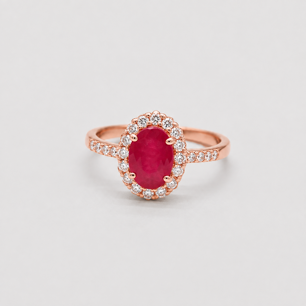 1 Ct. Oval Cut Ruby Tone Halo Ring with Lab-Grown Diamond Side Stones