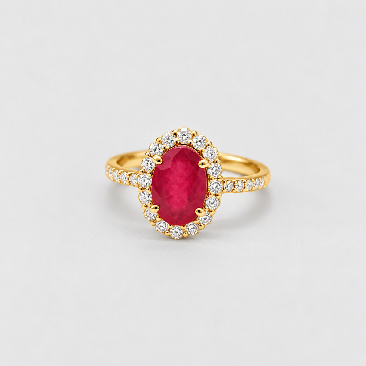 1.25 Ct. Oval Cut Ruby Tone Halo Ring with Lab-Grown Diamond Side Stones
